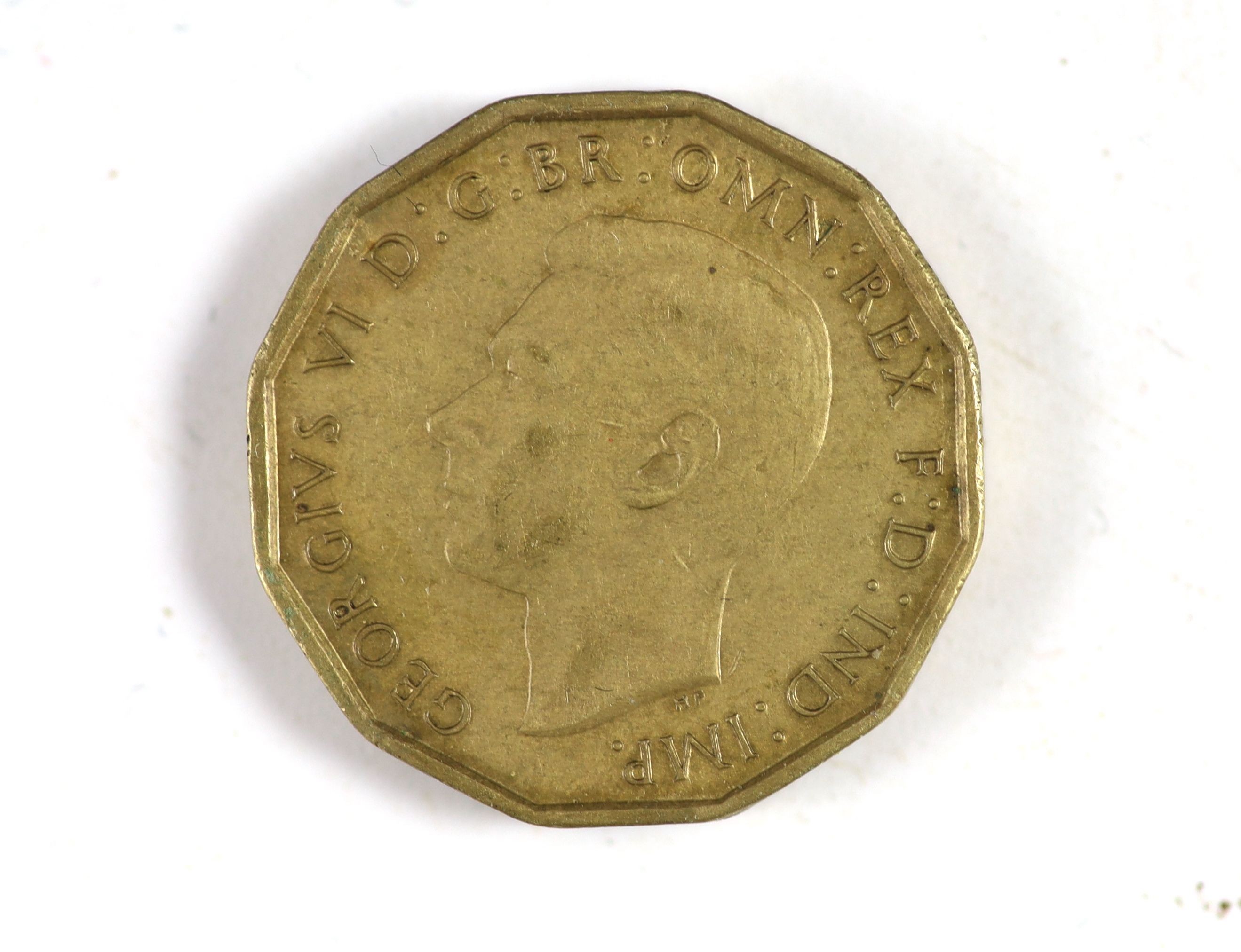 George VI nine coin specimen set for 1946, first issue, including the rare 1946 brass threepence (S4112), about EF, rare in this grade or higher
